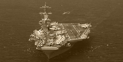 Collage of women doing various jobs in service; mobile image is a Naval Aircraft Carrier deployed to the Atlantic Ocean