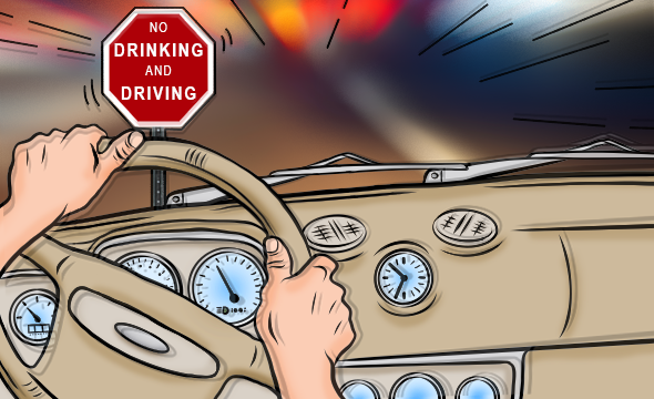 Illustration of a person driving under the influence. They are sitting behind the wheel and the image is slightly doubled. We see a stop sign that says NO DRINKING AND DRIVING