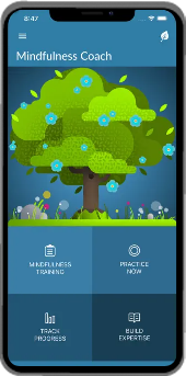 Mobile phone with the Mindfulness Coach App on the screen