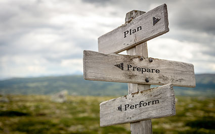 Old wooden road sign pointing in three direction which read: plan, prepare, perform