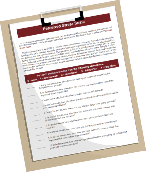 Graphic of aclipboard with a stress assement questionaire on it