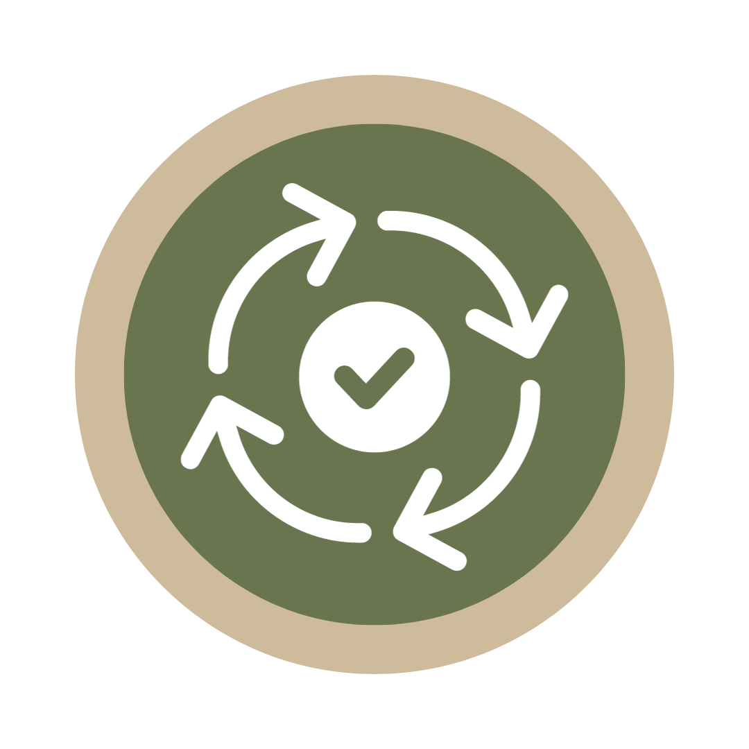 icon of a checkmark with four arrows in a circle pointing clockwise