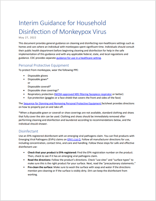Interim Guidance for Household Disinfection of Monkeypox Virus 